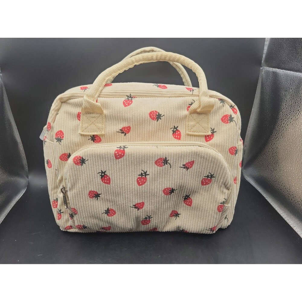 🍓 Corduroy Strawberry Print Lunch Bag Beige Insulated Lined Zipper Top Handle